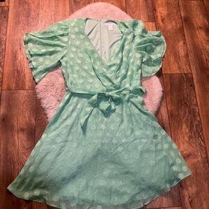London Times Dress Size 12 Flutter Short Sleeve‎ Tie Waist Polka Dot Metallic